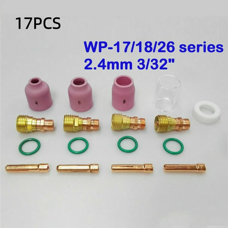 

17pcs TIG Welding Accessories Tig Welding Gas Heater Stubby Gas Lens Ceramic Nozzle +Heat Cup Kit WP17/18/26 2.4mm 3/32inch