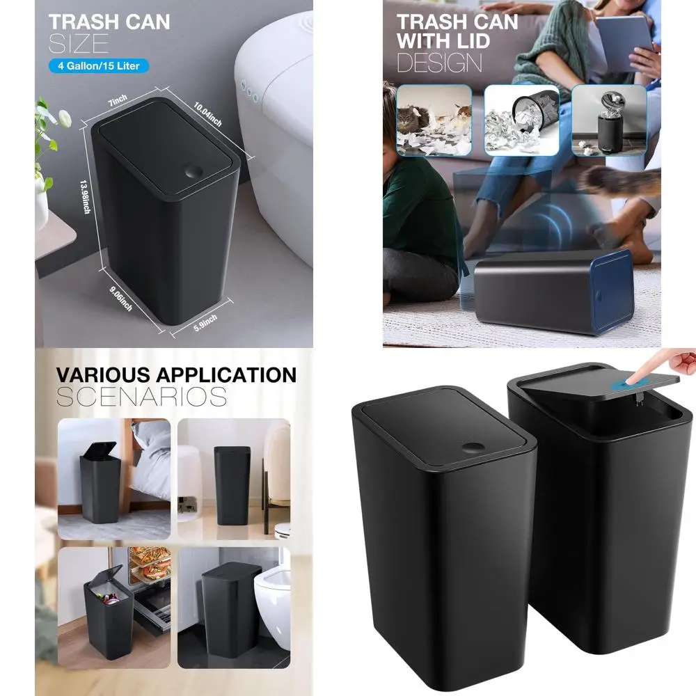 

2-Pack 4 Gallon Pop-Up Lid Trash Cans, Slim Design Waste Baskets for Home & Office (Black)