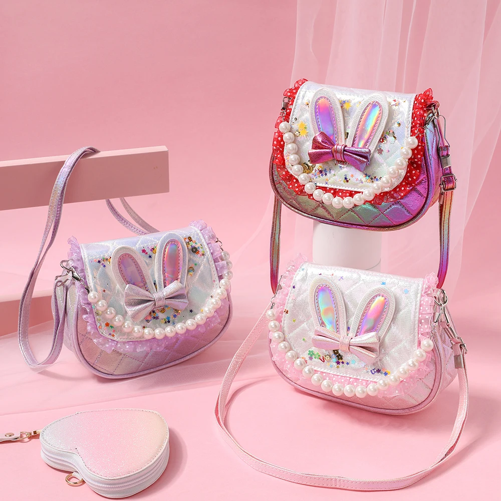 Cute Kid Bag Fashion Mini Bag per bambini Crossbody Arm Pearl borsa portatile con orecchie di coniglio con paillettes