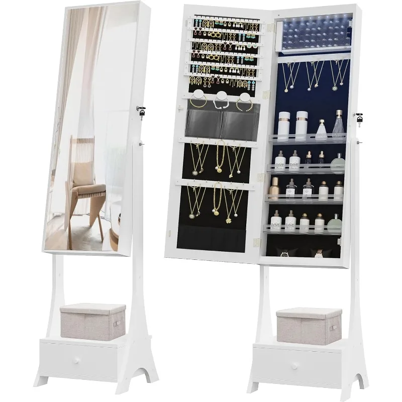 42.5 Inch High Frameless Mirrored Jewelry Cabinet, Freestanding Makeup Jewelry Storage Cabinet