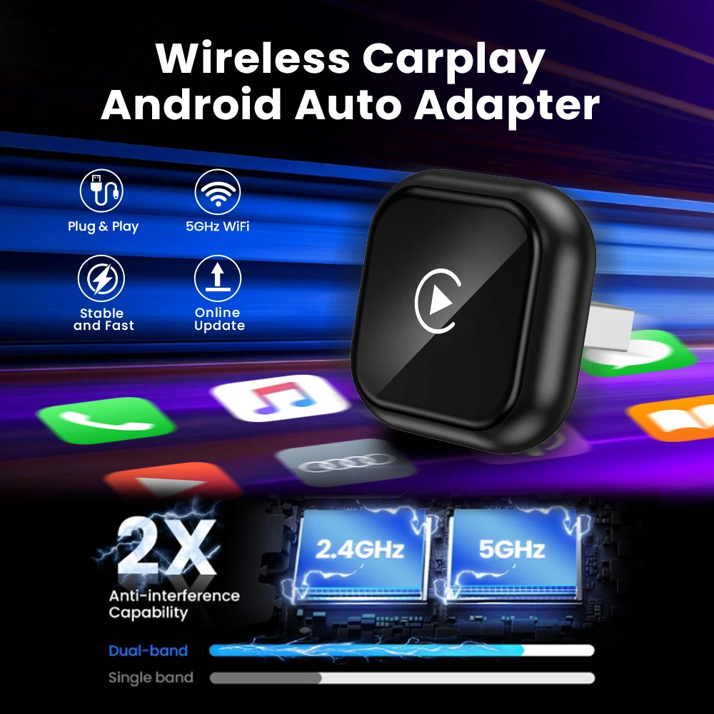 Adapter Bezprzewodowy CarPlay i Android Auto 2w1 Smart Dongle 2026 do iPhone'a i Telefonów Android do Volvo Benz Mg Kia Chery VW Honda