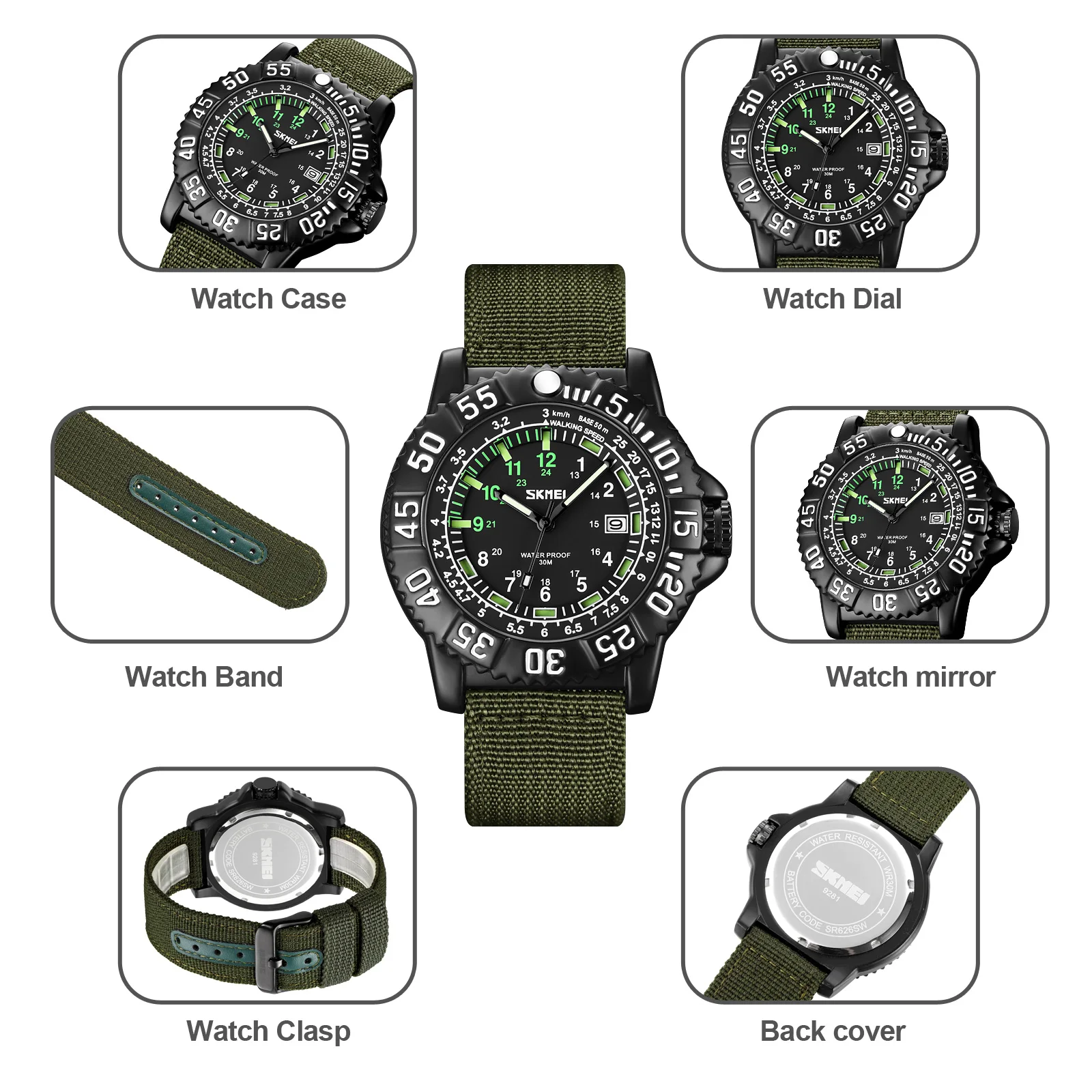 SKMEI Nylon Canvas Strap Army Green Quartz Watch Strong Luminous Date Night Vision Calendar Steel Men Casual Relogios 9281