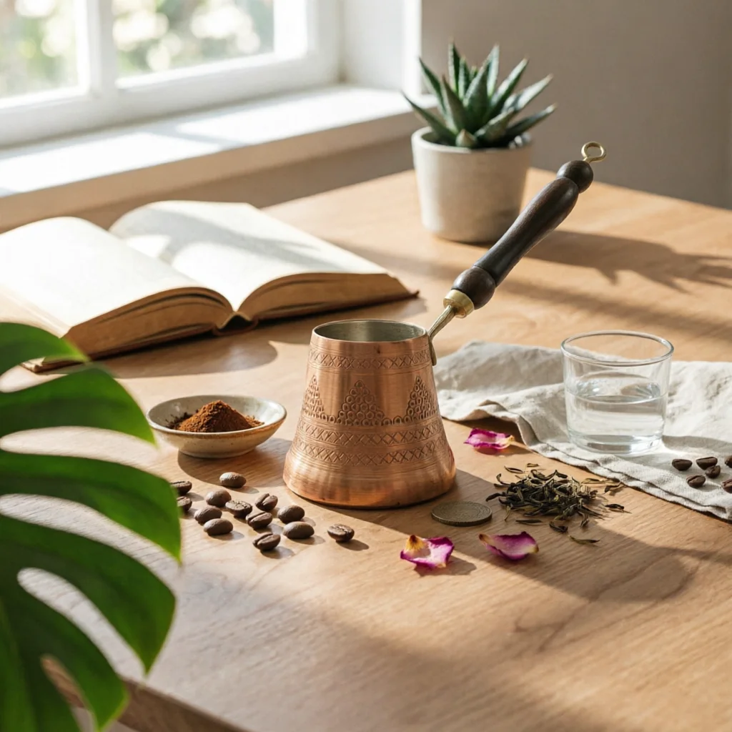 turkish-coffee-pot-wooden-handle-copper-cezve-copper-coffee-pot-hanging-loop-cooking-vessel-metal-connector