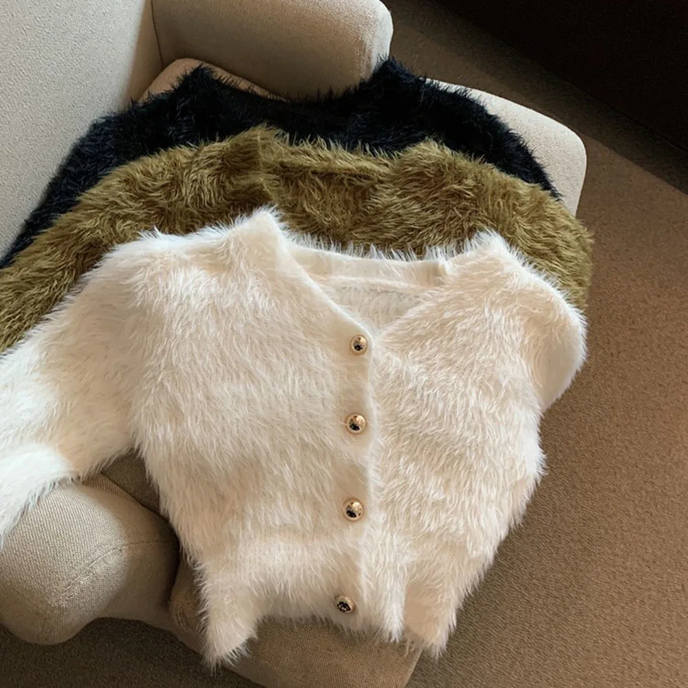 Cardigan lavorato a maglia Mohair con scollo a V Crop maglione bianco retrò Casual pigro Oversize Sueters maglioni per le donne giacca di vestiti di