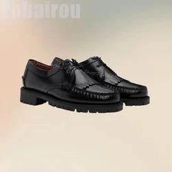 Black Pleated Design Tassels Decor Men Loafers Fashion Lace Up Men Shoes Luxury Handmade Party Banquet Office Men Casual Shoes