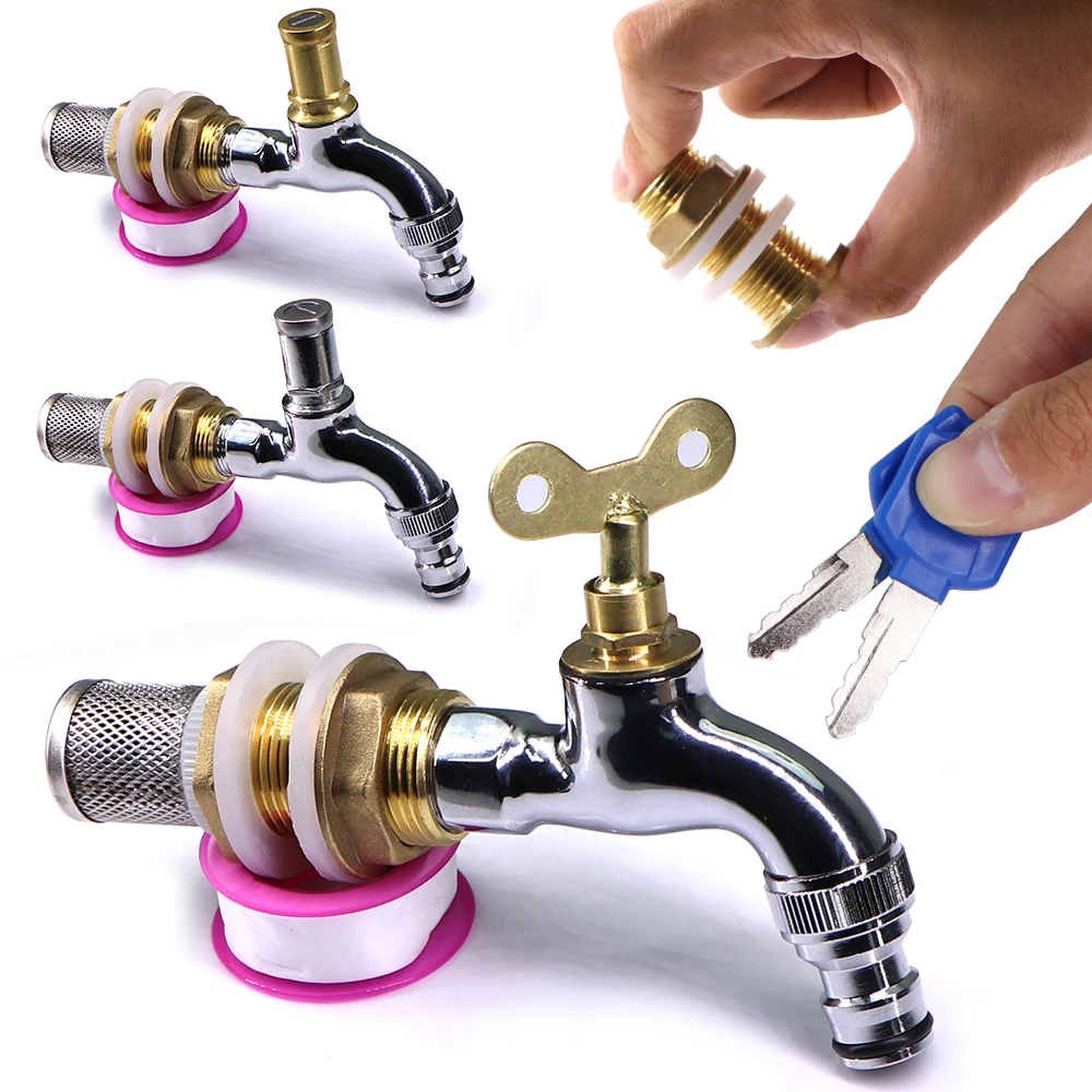 

1set Anti-theft Garden Tap Faucet with Brass Water Tank Joint Adapter 304 Stainless Steel Filter Lock Key Single Hole Key Switch