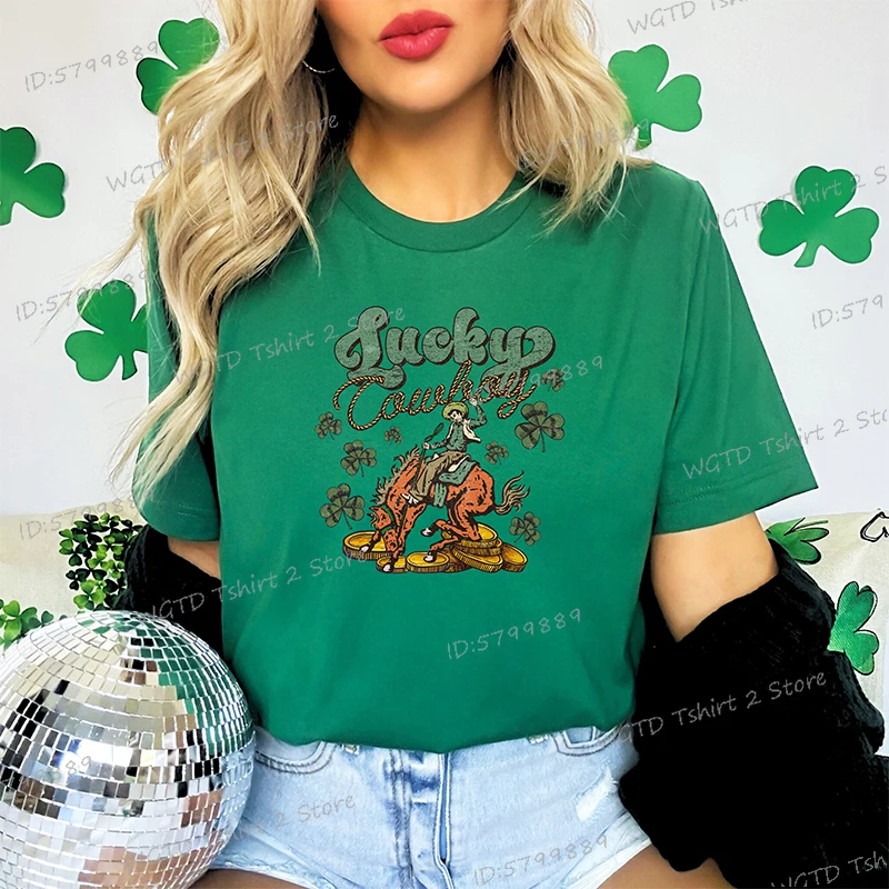 Lucky Cowboy Horse T-shirt Western St Patricks Day Classic Tops Cowboy Shirt for Women Lucky Horse Gifts St Patrick's Day Tshirt