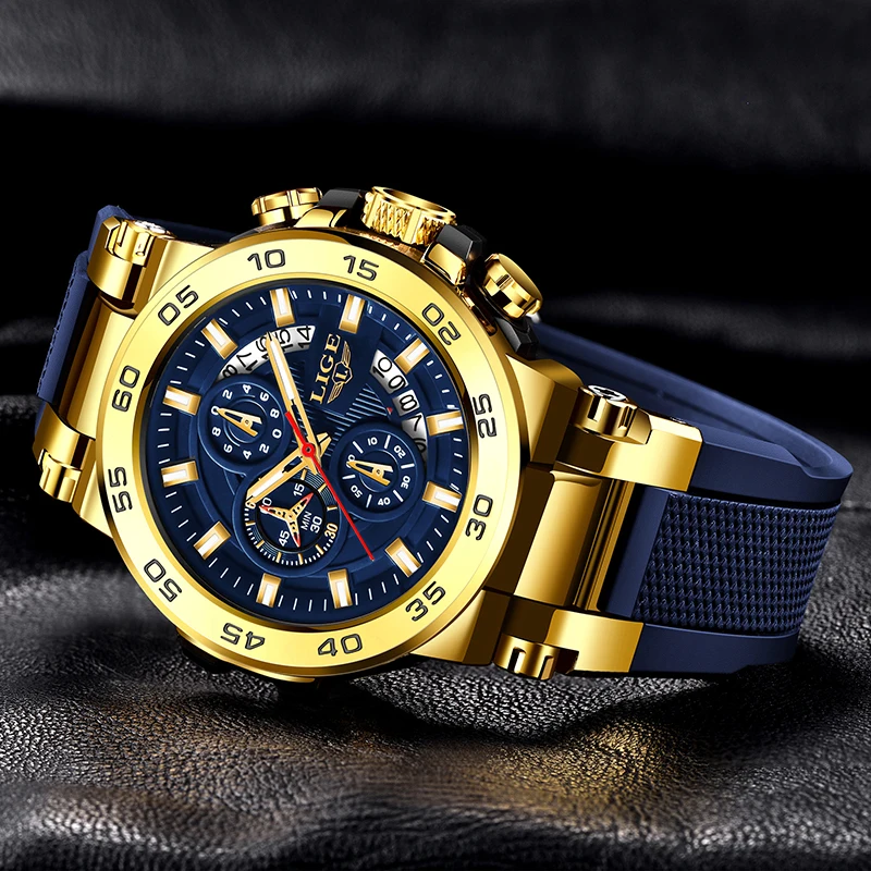 LIGE New Military Watch Men Fashion Blue Silicone Quartz Big Dial Watch Men Waterproof Luminous Chronograph Relogio Masculino