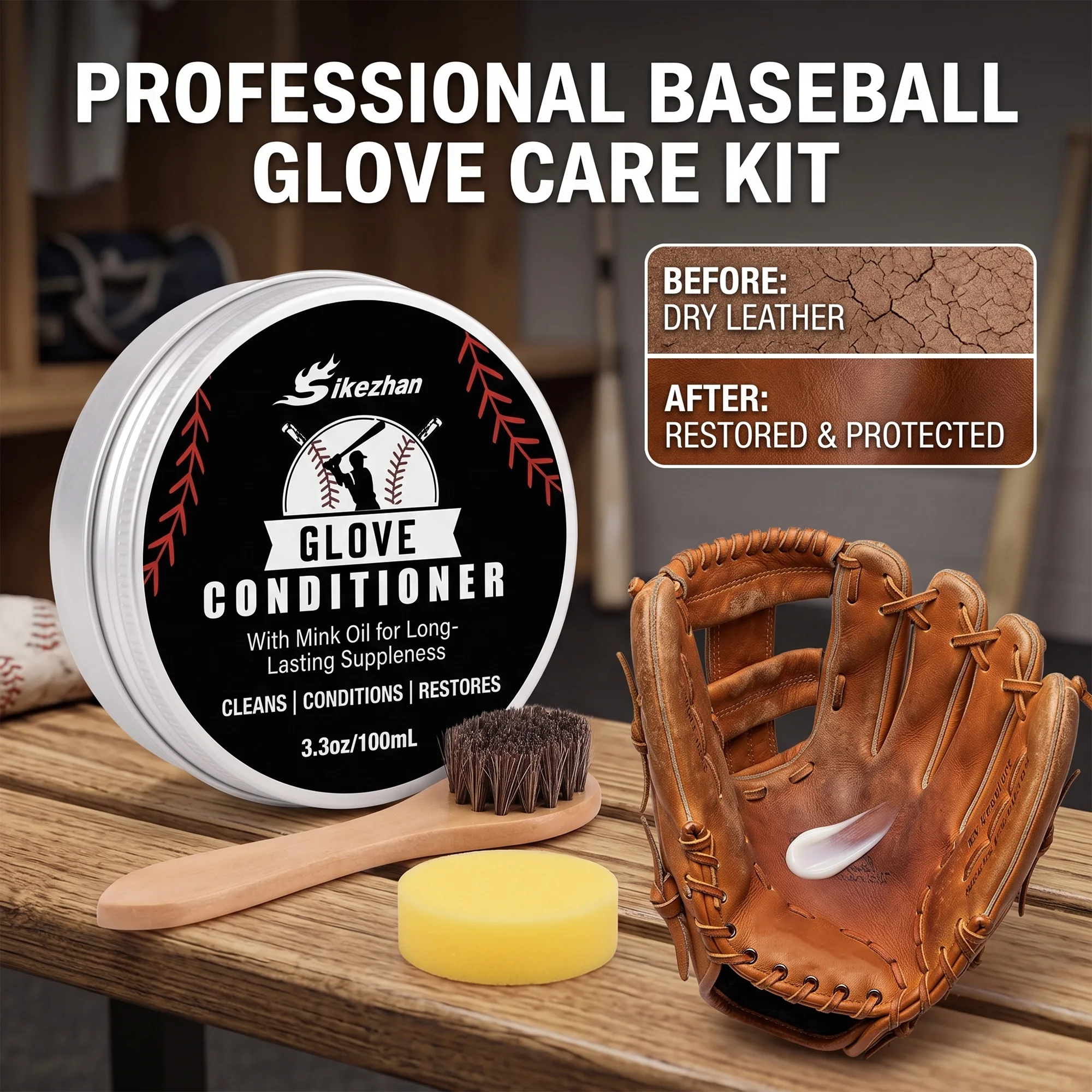 SIKEZHAN Mink Oil Glove Conditioner to Soften & Protect Baseball Gloves, Complete Care Set with Wooden Brush and Yellow Sponge