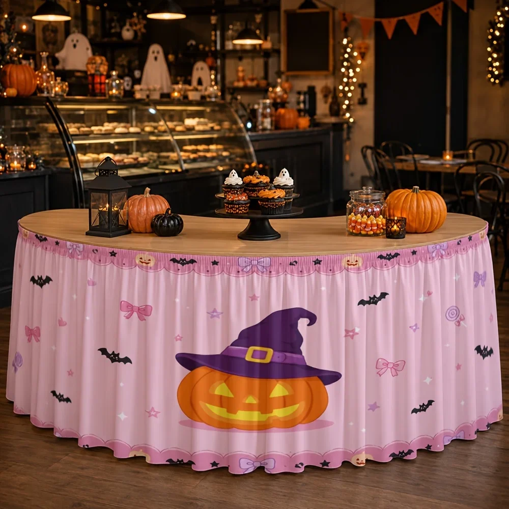2D flat banner - tablecloth and table skirt set 1 piece - Halloween pumpkin witch hat - pink backgroundxzj