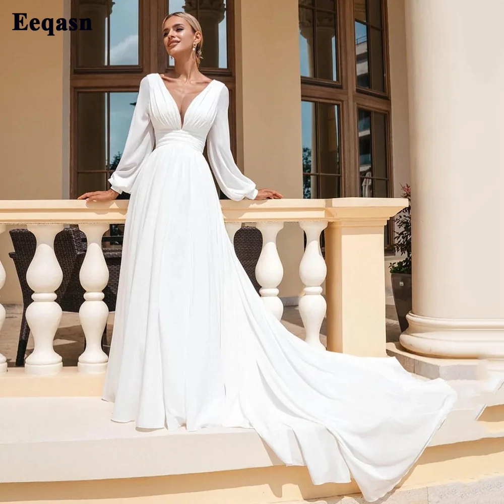 

Eeqasn A Line Chiffon Wedding Gowns Puff Half Sleeves V-Neck Lace Up Back Long Train Women Formal Wedding Party Dress For Bride