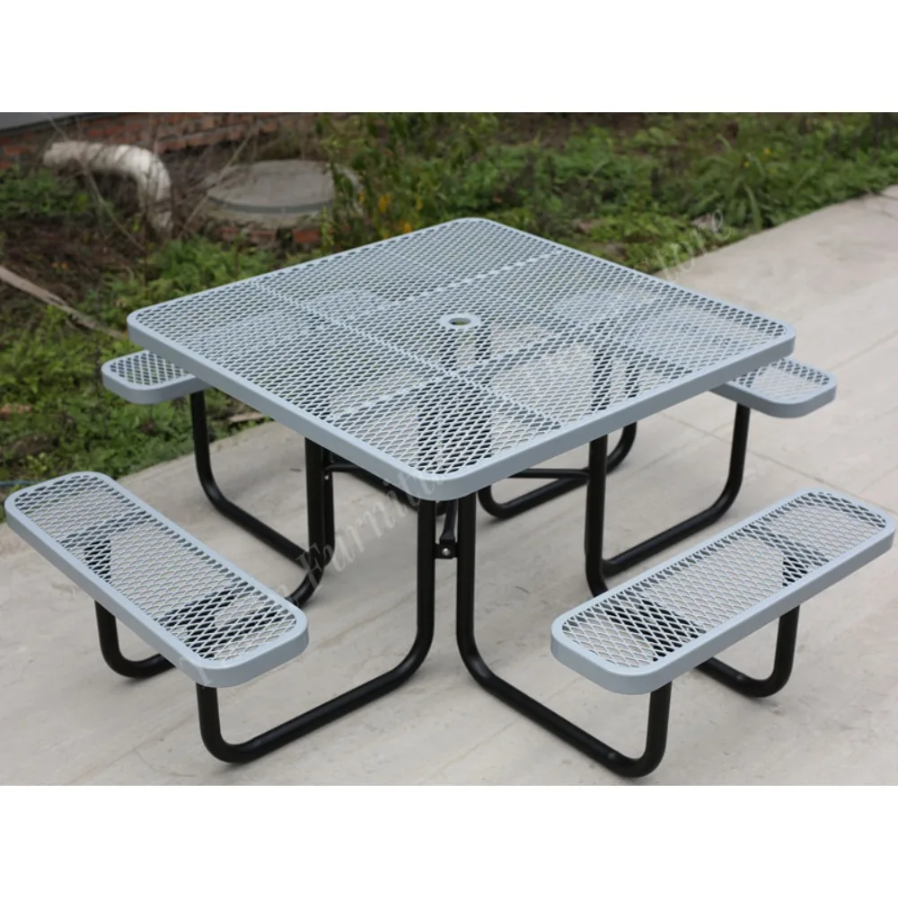 Outdoor Commercial Metal Picnic Dining Table Garden Furniture Set Steel Outside Patio External Cafe Table with Umbrella Hole