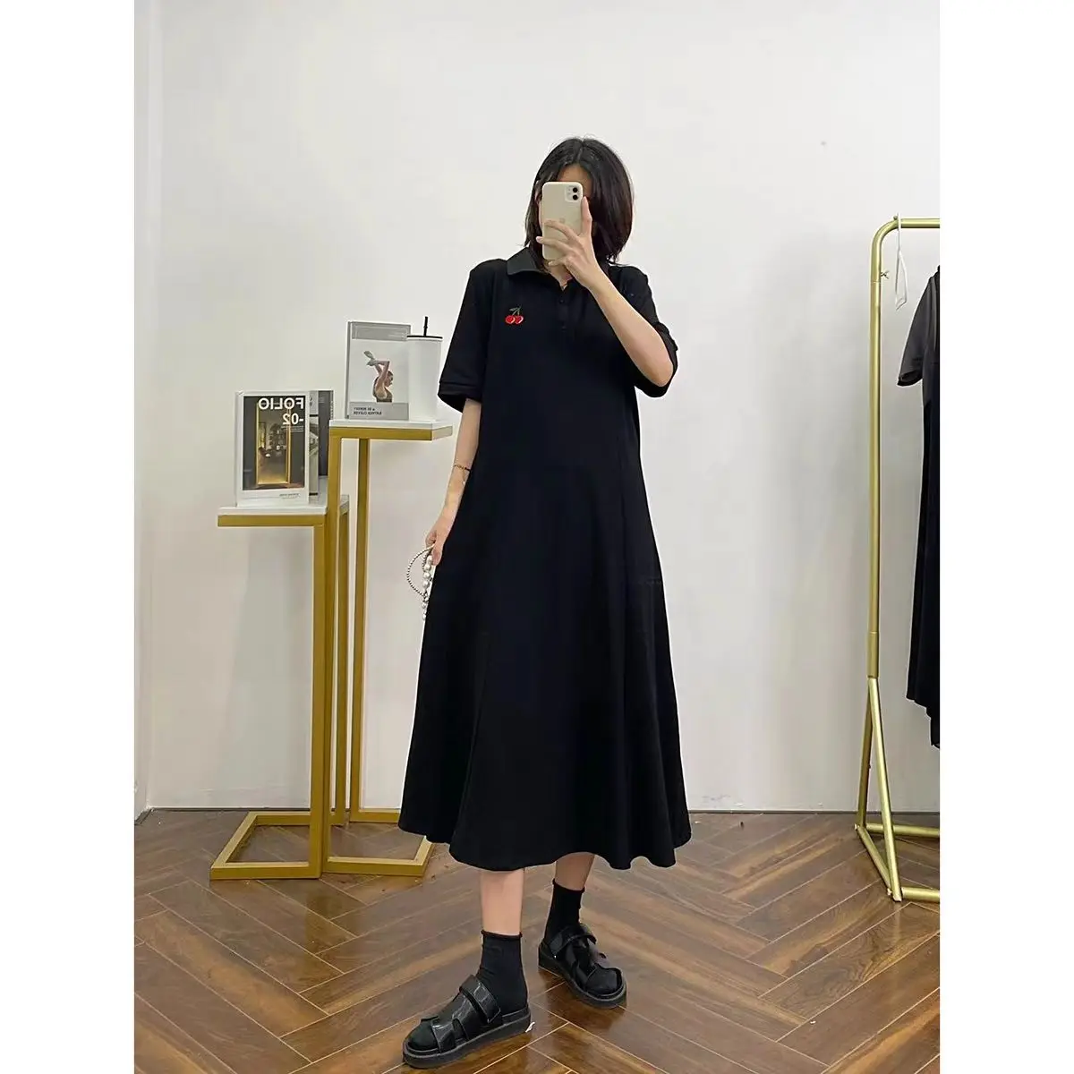 Plus Size 5XL 150KG Women Black Dress Turn Down Collar Dress Short Sleeve Strawberry Ladies Casual Large Summer Dresses