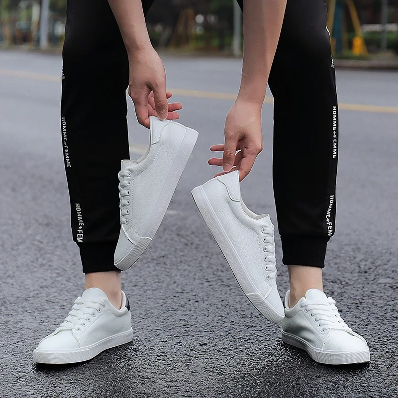 Men\'s Pure White Leather Sneaker Sports Leisure Board Shoes Lace-up Men Shoes Lightweight Comfortable Breathable Walking Sneaker