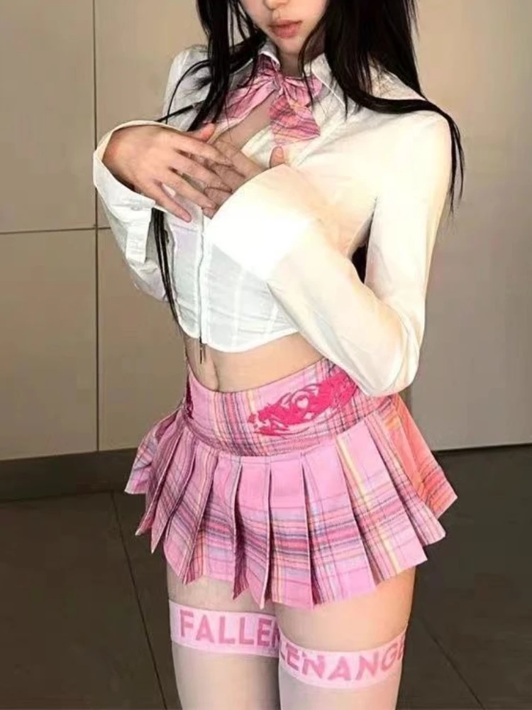 

Y2K Subculture Baddie Outfit Женская милая рубашка с длинным рукавом и плиссированная мини-юбка в клетку с высокой талией Американский ретро комплект из 2 предметов