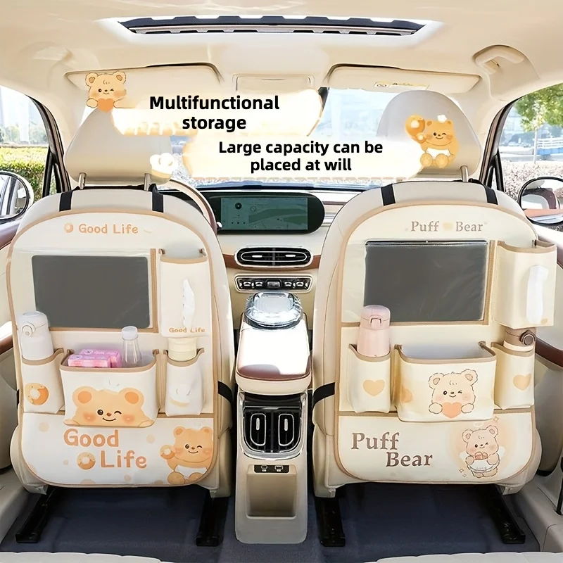 Car Seat Back Storage Bag Urable Faux Leather Cute Puff Bear Multifunctional Storage Box Travel Essentials Home Organizer