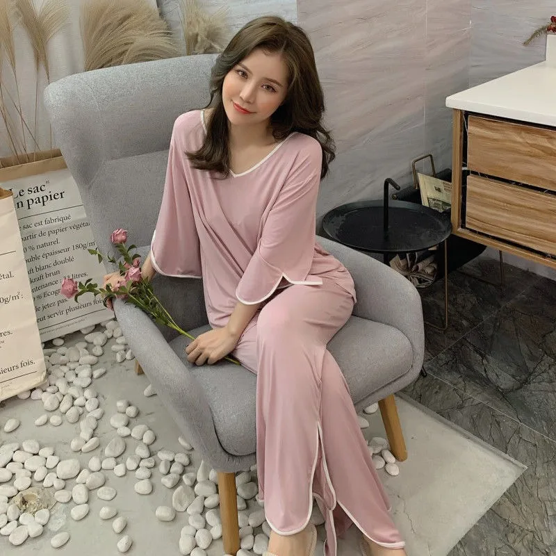 V-neck Pajama Women Spring Summer Seven-quarter Sleeves Two-piece Dress Fat MM Loose Large Size Backless Sexy Home Clothes