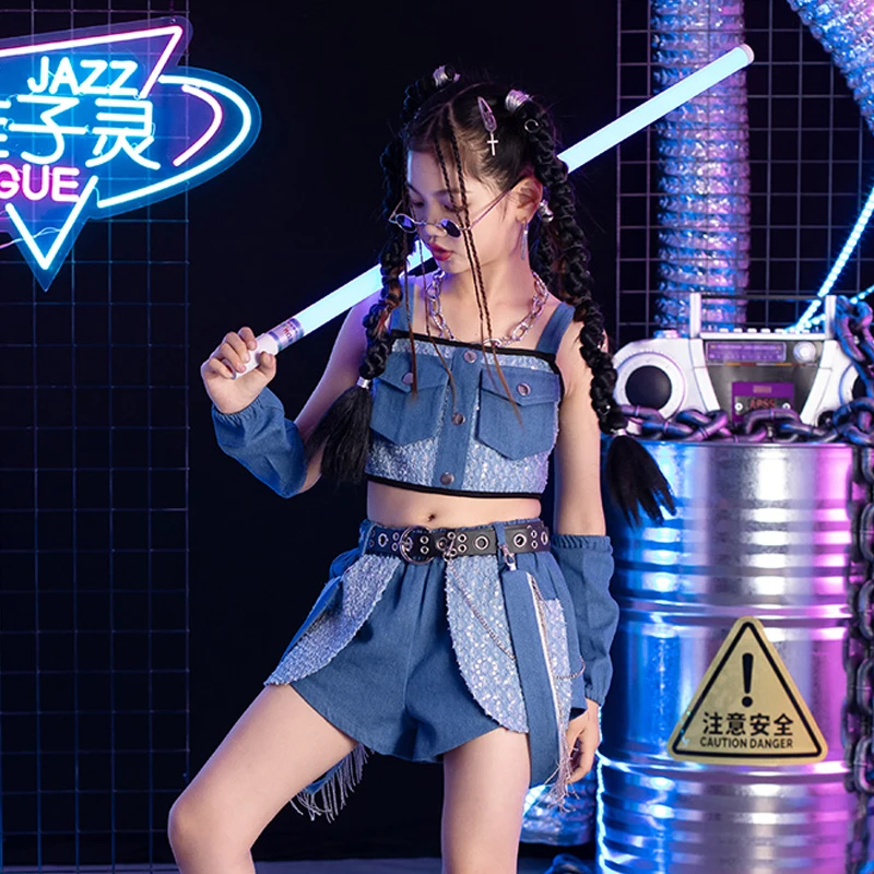 

Catwalk Show Stage Outfit Blue Cheerleading Uniform 2023 Denim Sequins Jazz Dance Costume Hip Hop Clothes Children