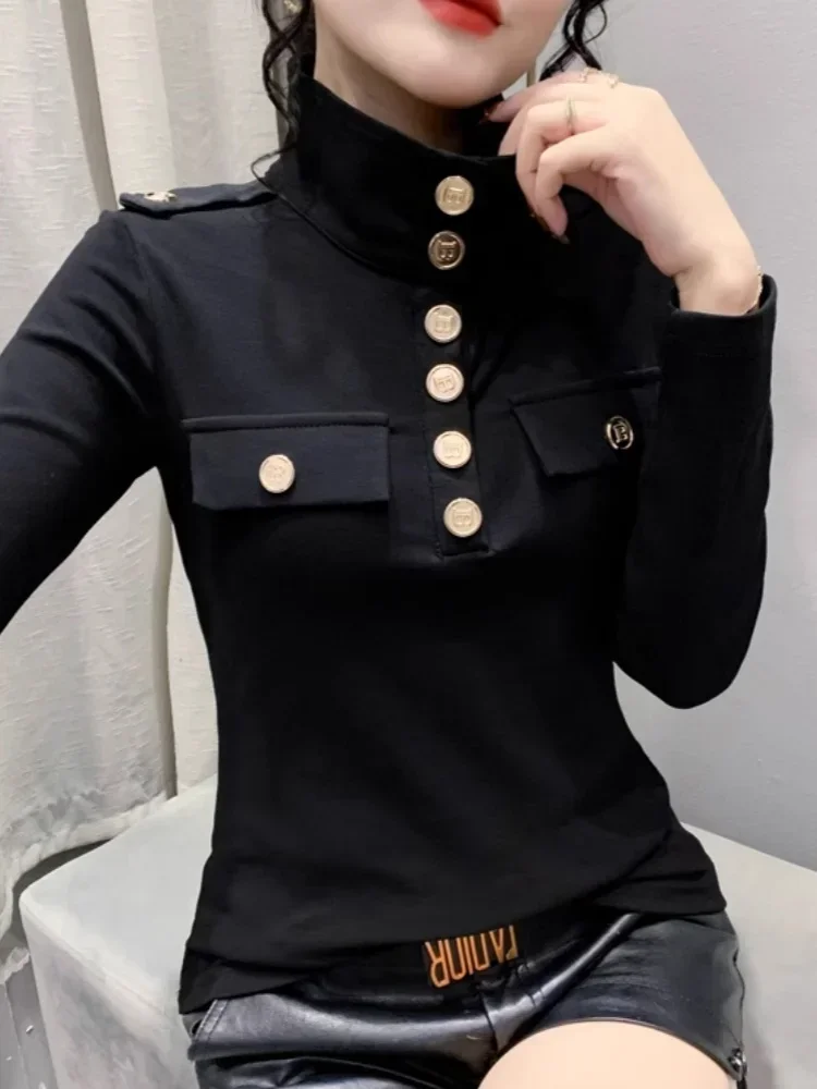 קלאסי זהב אבזם גולף זהב קלאסי חולצות נשים Y2k רשמי בסיסי רזה אלסטי דק