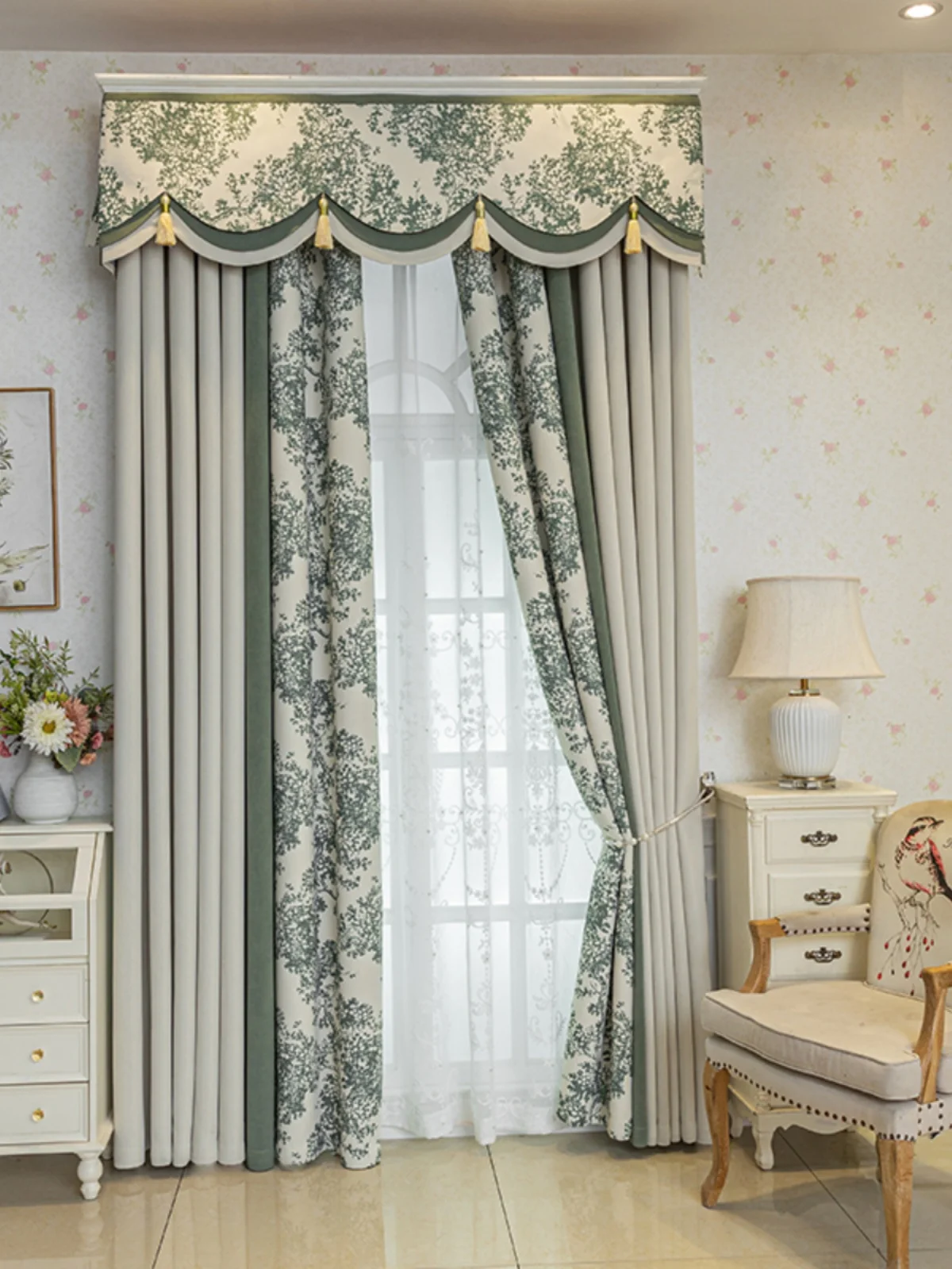 

Custom luxury simple shading modern cream French garden Chenille beige cloth blackout curtain tulle valance drape C1669