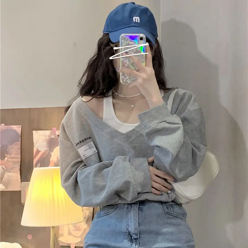 Korean Fashion Women Fake Two Pieces Strapless Crop Top Preppy Style Harajuku Swearshirt Loose Casual Pullovers Blouses 2023 New