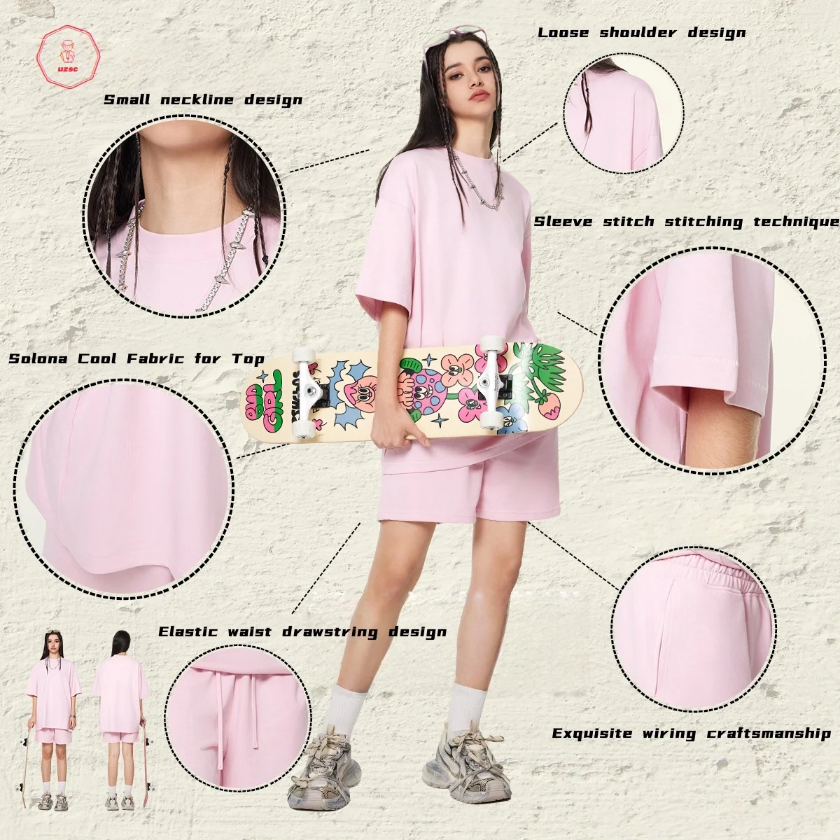 

UZSC Spray Dye Washed Male Two-piece Set Light Brushed Short Sleeve T-shirt Elastic Waist Shorts Couple 10 Colors Fashion Suit