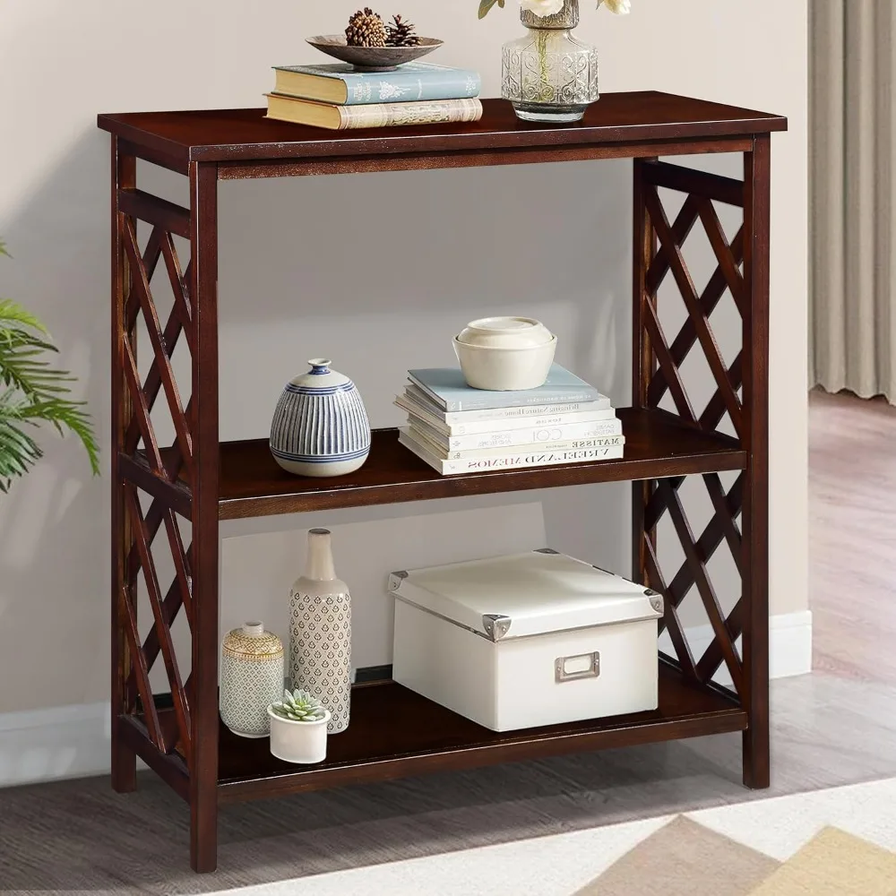 3-Tier Console Table with Storage Shelves and Solid Wood Legs, Open Bookshelf Bookcase for Hallway, Living Room, and Bedroom Use