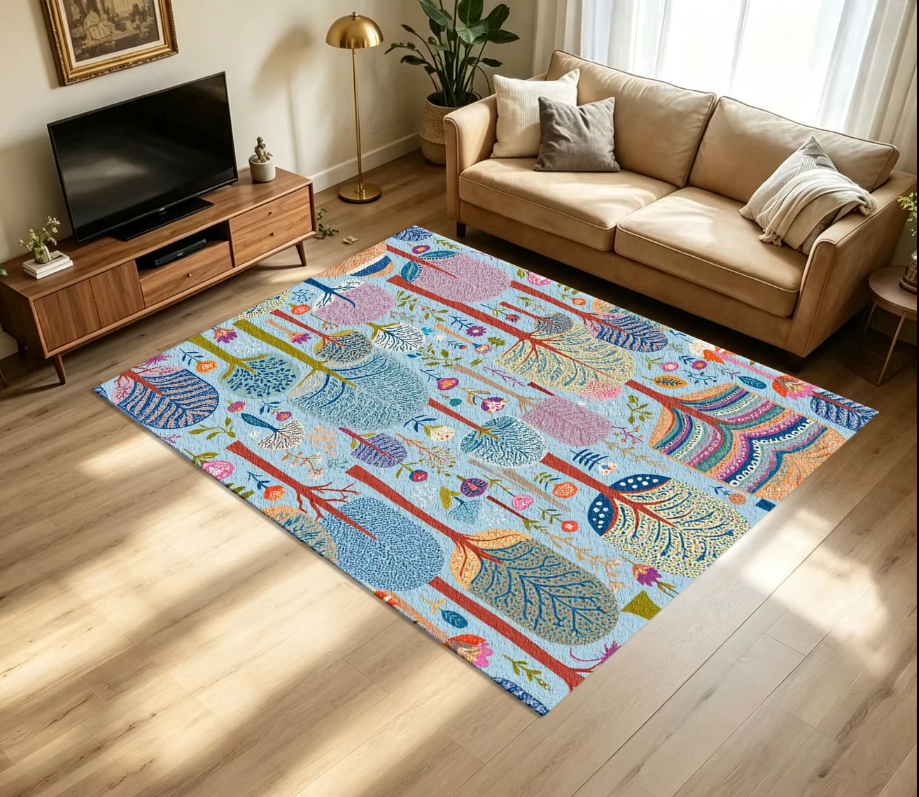 Whimsical Forest Tree Carpet Flooring Colorful Hand Drawn Botanical Floral Plant Seamless Art Pattern Printed Floor Rug for Household Indoor Aesthetic Home Decoration