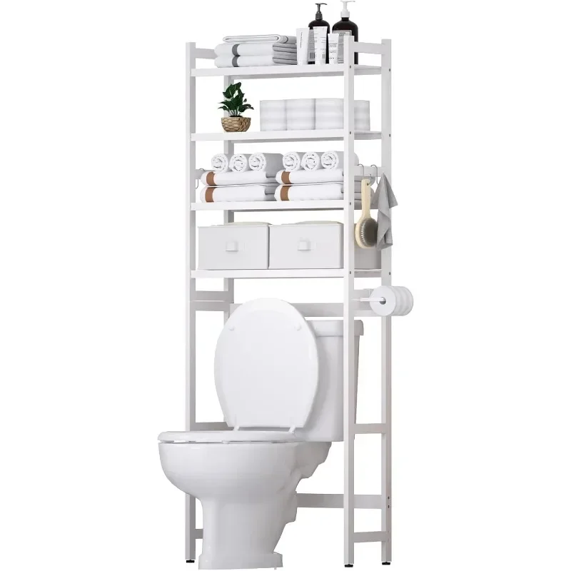 Over The Toilet Storage with 2 Baskets,4-Tier Bamboo Over Toilet Organizer Rack with Paper Holder & 4 Hooks