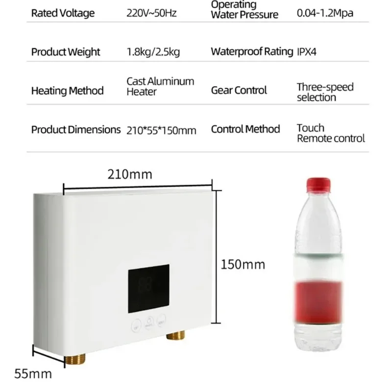 Compact 3000W 220V Instant Electric Water Heater – Wall-Mounted Tankless Booster for Shower & Kitchen Sink