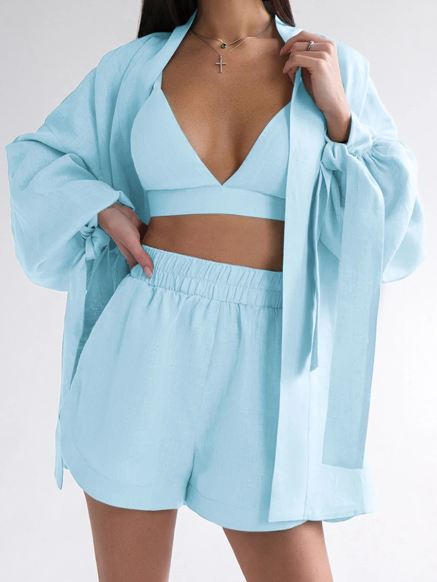 

Marthaqiqi Cotton Female Pajamas 3 Piece Set Sexy V-Neck Robe Long Sleeve Sleepwear Lace Up Nightwear Shorts Casual Home Clothes