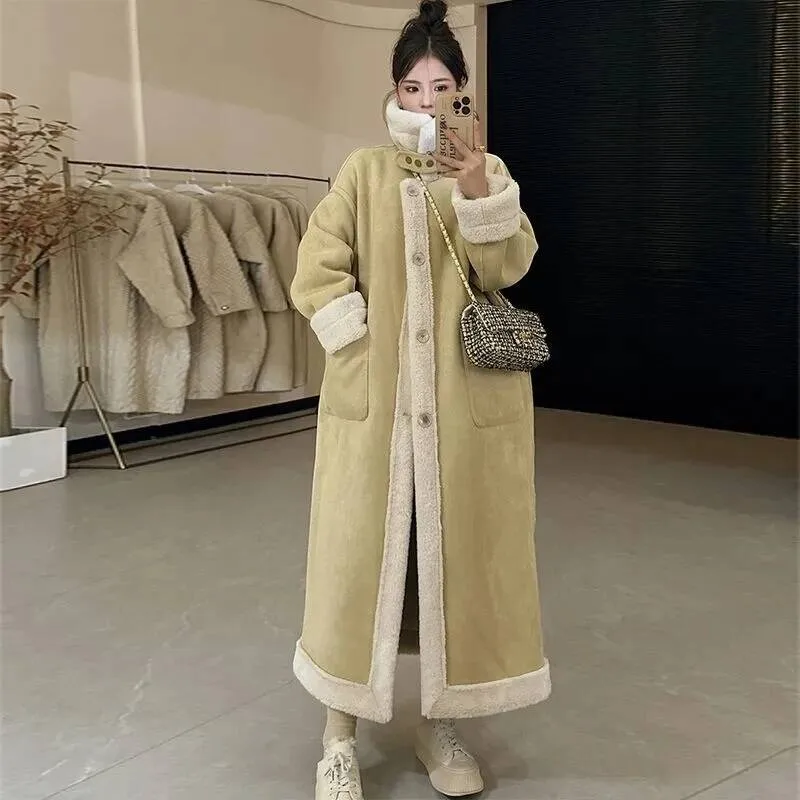 

2025 Winter Thick Women Long Double Sided Lamb Plush Suede Suit With Leather Integrated Environmental Protection Fur Co