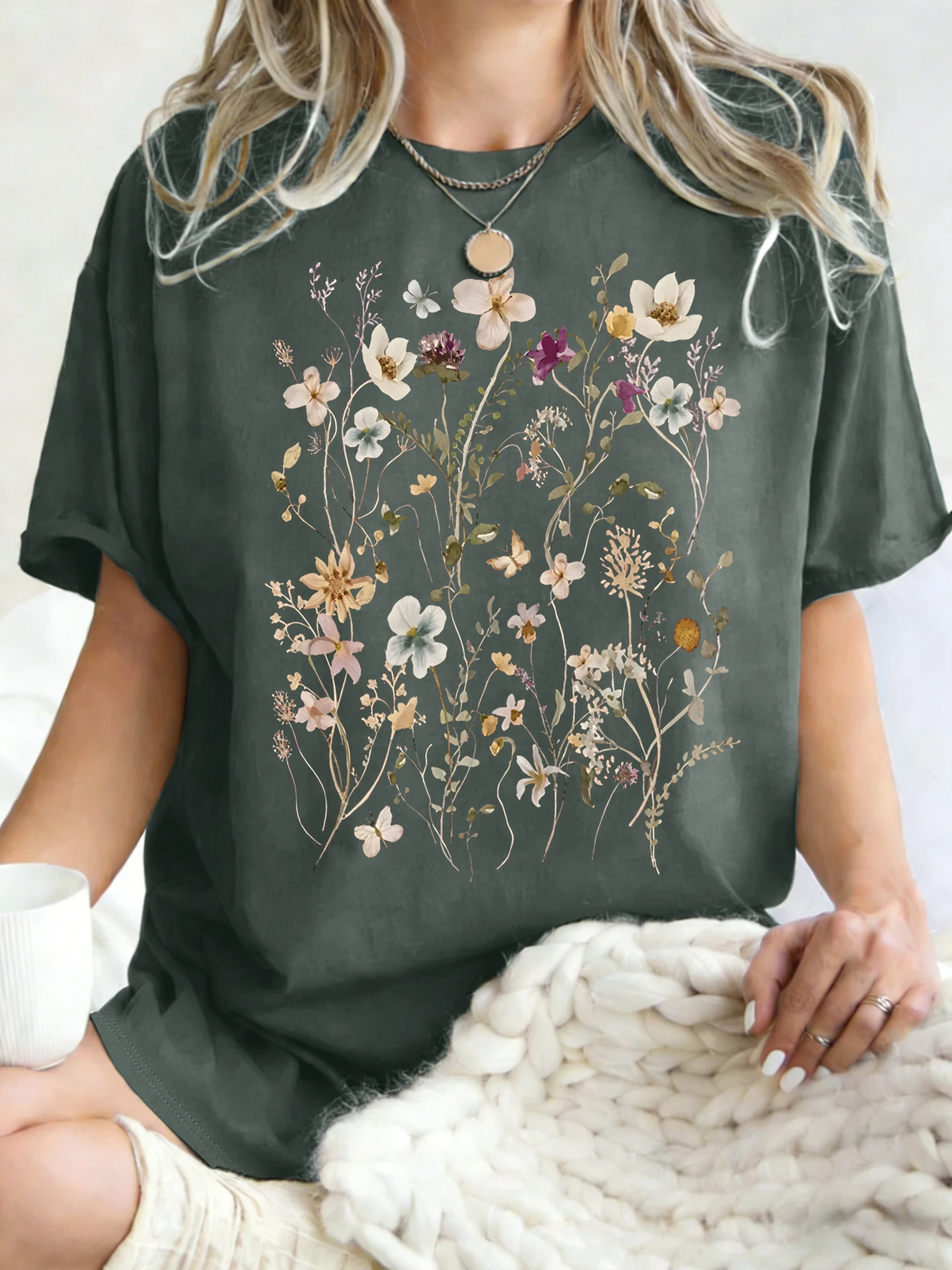 Schönes Damen-T-Shirt mit Blumencluster-Druck, Sommer, Oversize, Kurzarm, O-Ausschnitt, Baumwolle, Y2K, Sport-Oberteil