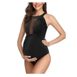 Fashion Solid Black Women's Maternity One-Piece Swimsuit Pregnancy Mesh Stitching Sexy Backless Swimwear Bathers Premama Clothes