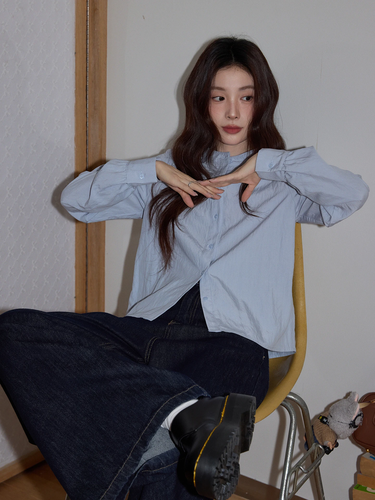 

Синяя круглая повседневная женская рубашка свободного кроя с длинным рукавом, модная, больших размеров, для работы, в корейском стиле, осень 2025