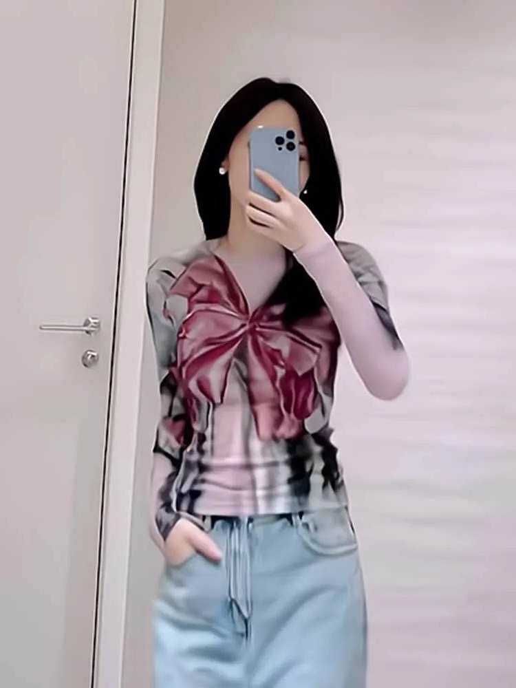 

Ele Knot Printed Slim Fit T-irt Me Base Layer Top Women's Faion Spring Autumn New Arrival G54775