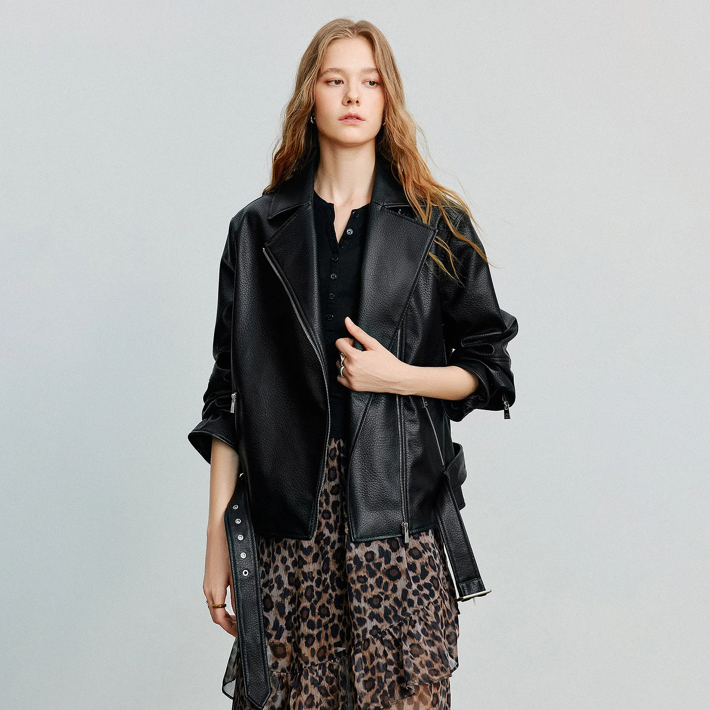 TOYOUTH Women Leather Jacket 2025 Autumn New Motorcycle Style PU Leather Streetwear Jacket Coat With Waist Belt