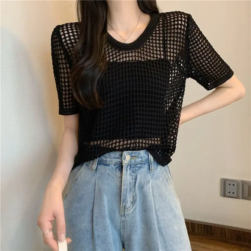 

Hollow Out Thin Short Sleeve T Shirts Summer New Solid Color Loose Simplicity Knitting Tops Tees Sweet Fashion Women Clothing