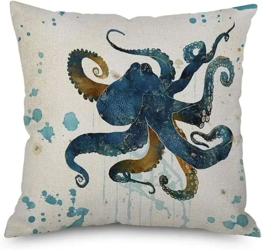 Marine Life Squid Octopus Marine Animal Cotton and Linen Decoration Pillow Cover Personalized Sofa Living Room Square