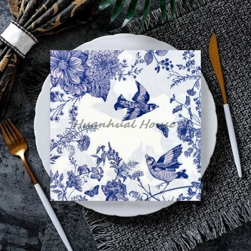 20Pcs/Pack Decoupage Paper Butterfly Birds Flower Napkins Vintage Blue Tissues for Wedding Party Supplies Serviettes Home Deccor
