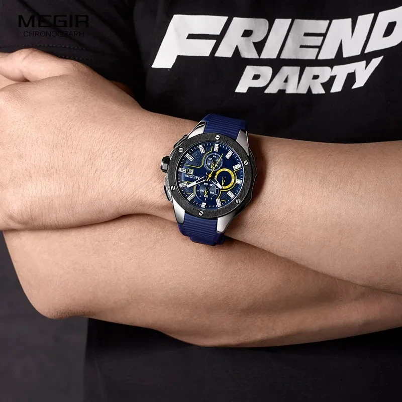 MEGIR 2053 Men's Quartz Watches Luminous Sports Chronograph Date Waterproof Silicone Strap Multifunctional Wristwatch for Man