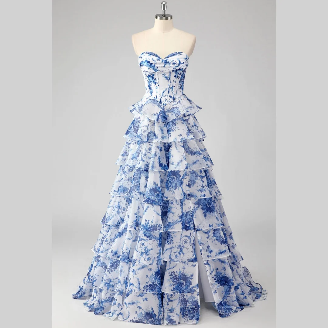 

Элегантные модные шифоновые платья трапециевидной формы для выпускного вечера с принтом в форме сердца и аппликациями без бретелек, многоуровневые оборки, роскошные платья Vestidos De Fiesta