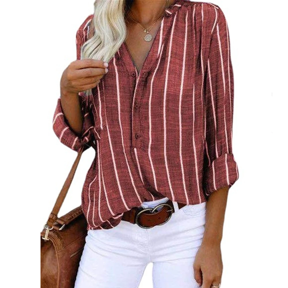 

Women's Autumn Spring Cotton Linen Blouse Female Full Sleeve Shirt Striped Work Blusa Casual Ladies V Neck Vestdios Top