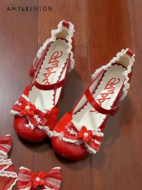 

Original Lolita High Heels Women Sweet Girl Versatile Lace Ballet Style Elegant Mary Jane Shoes Cute Bow Round Head Thick Heels