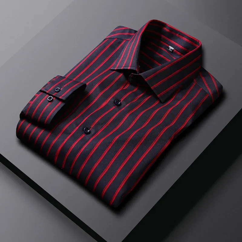 

Handsome Smart Casual Men's Long Sleeve Striped Shirt Long Sleeve Regular-fit Anti-wrinkle Work Dress Shirts 4XL 5XL