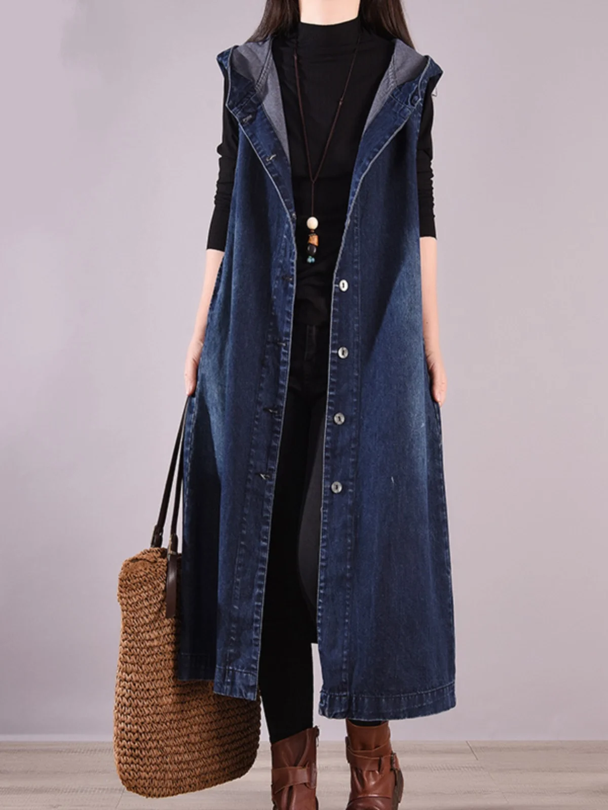 

Длинный джинсовый жилет большого размера, женский весенний модный корейский кардиган большого размера с капюшоном, модный джинт длиной до колена