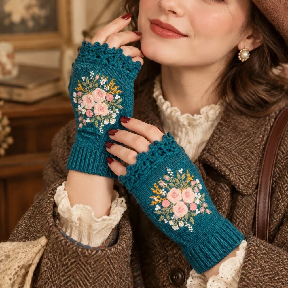 Gift Vintage Embroidery Knitted Gloves Half Finger Thick Fingerless Gloves Korean Style Waterproof Touchscreen Gloves Girls