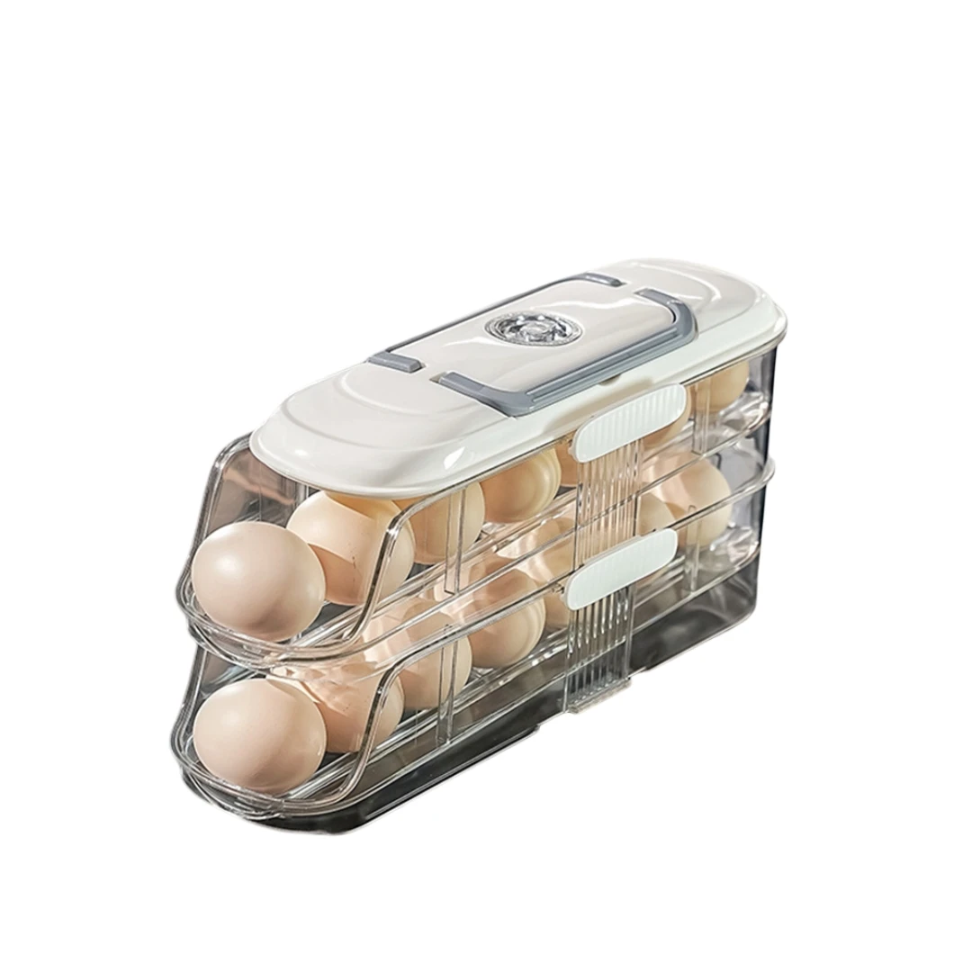 Egg storage box with automatic slide and transparent design for refrigerator side door kitchen egg rack stackable space saver