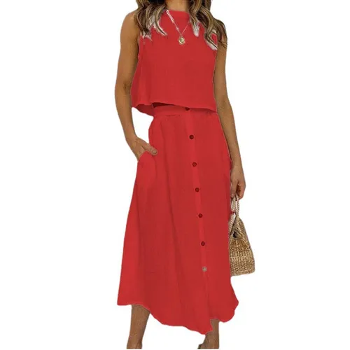 Imagen 2 del producto Conjunto de 2 piezas para mujer, traje informal de lino y algodón, chaleco holgado sin mangas, falda de un solo pecho, novedad de verano 2023