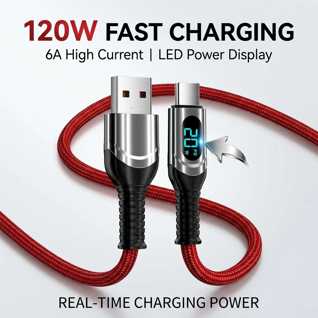 120W 6A USB C Cable LED Power Display Fast Charging Data Sync Type C Charger Cord for iPhone 17 16 15 Pro Max Samsung Xiaomi